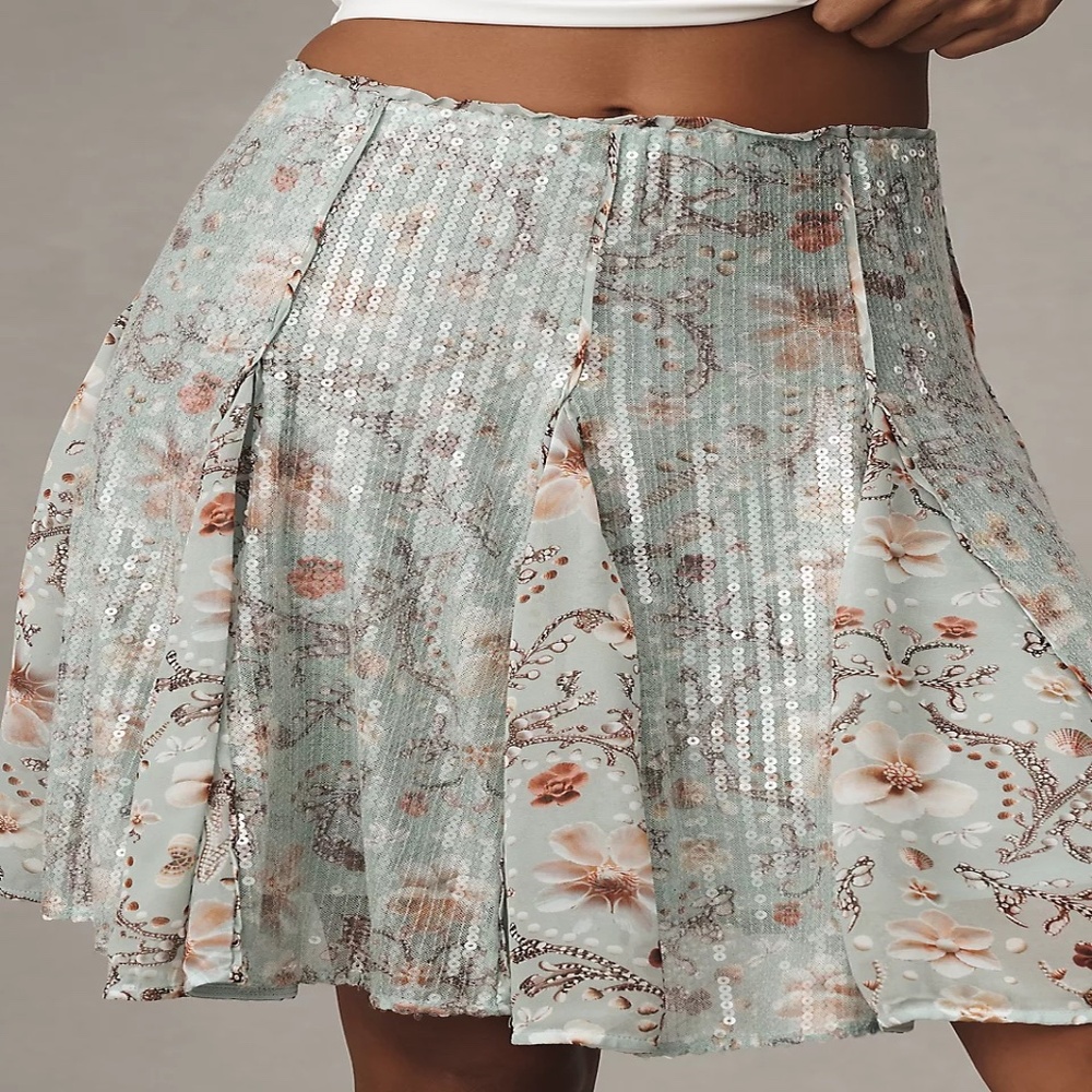 Anthropologie Mint Floral Sequin Midi Skirt with Blush Accents